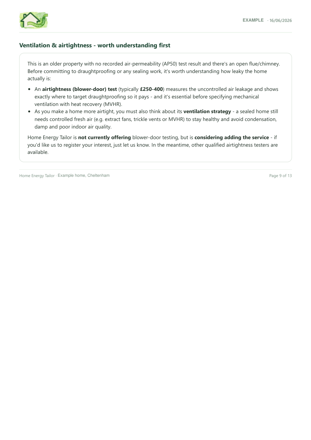 Example report - Ventilation, airtightness & next steps